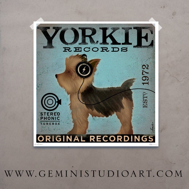 Yorkie Yorkshire Terrier records original graphic art giclee archival print 12 x 12