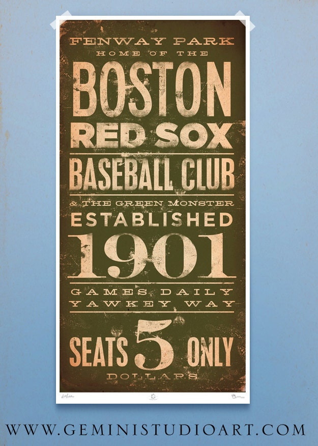 BOSTON red sox baseball club original graphic art giclee archival signed print 10 x 20 by stephen fowler