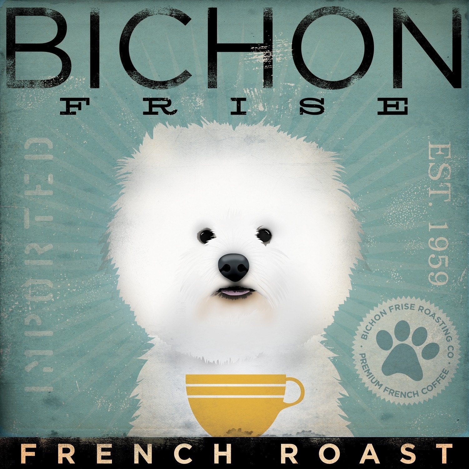 BICHON FRISE french roast Coffee Company original graphic art on canvas 12 x 12 x 1.5 by stephen fowler