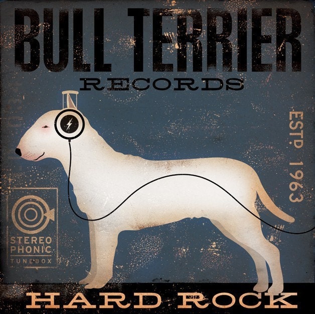 BULL TERRIER  records original graphic art illustration on canvas 12 x 12 x 1.5 by stephen fowler