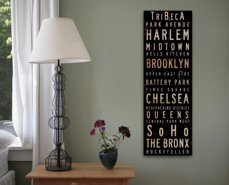 New York City Neighborhoods typography graphic Canvas Art 12 x 36  x 1.5 by stephen fowler