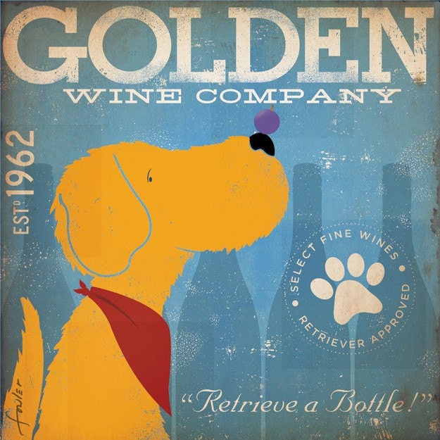 Golden Retriever Wine Company original illustration graphic art on canvas 12 x 12 by stephen fowler