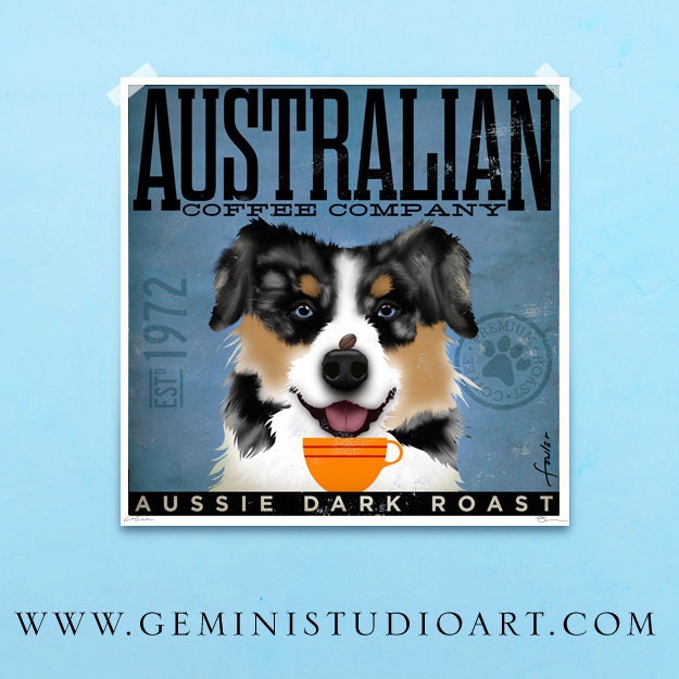 Australian Shepherd Coffee Company giclee archival print signed by artist 12 x 12