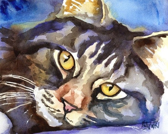 Norwegian Forest Cat Art Print of Original Watercolor Painting 11x14