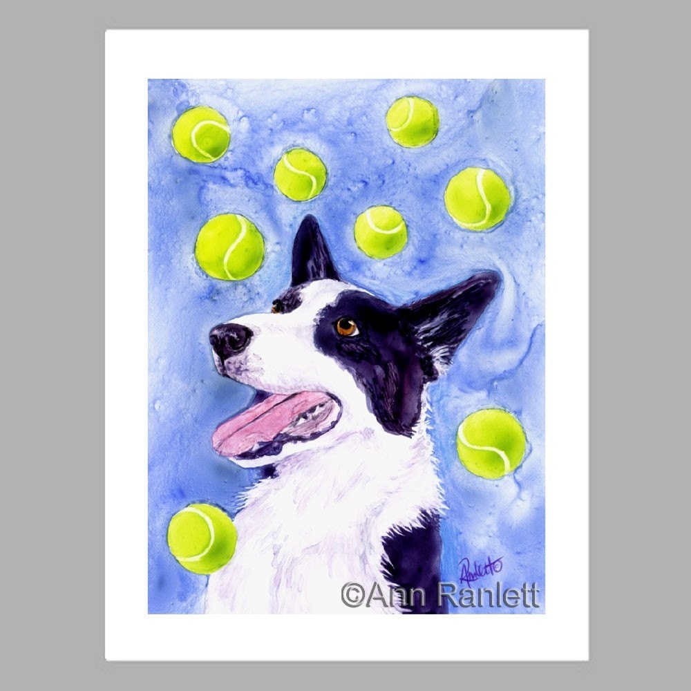 Border Collie Dog and Tennis Balls Art - 5 Blank Note Cards With White Envelopes - Ranlett A4C