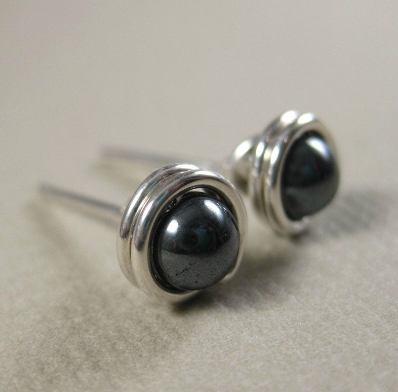 Mini Stud Earrings Hematite and Sterling Silver Wire Wrapped 4mm -- Great for Men or Women