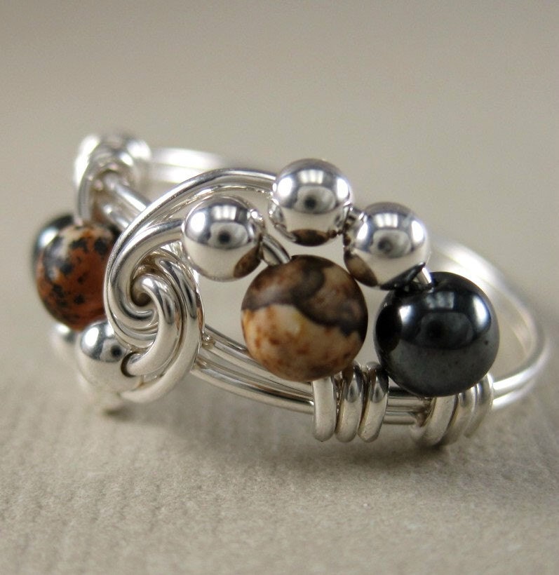 Hematite, Picture Jasper and Sterling Silver Wire Wrapped Vortex Ring
