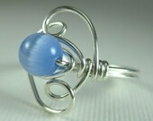 Wire Wrapped Ring Sterling Silver and Periwinkle Blue Cat's Eye Phoenix