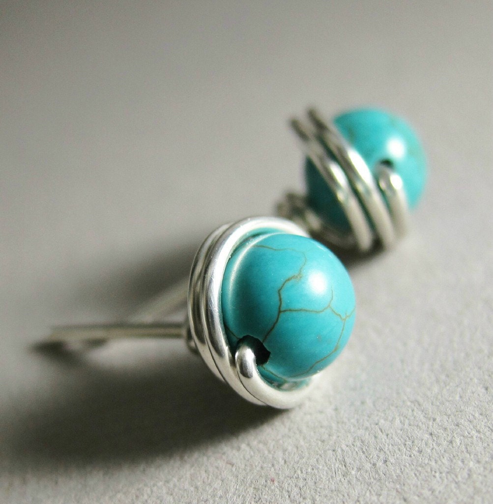 Turquoise Stud Earrings 6mm Sterling Silver Wire Wrapped -- Simply Studs