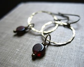 Garnet Earrings, Garnet Stone Hoop Earrings, Handmade Artisan Metalwork Garnet Jewelry Earrings, FREE Shipping