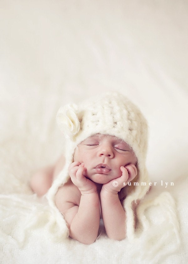 Newborn Baby Earflap Hat with Flower Photography Prop