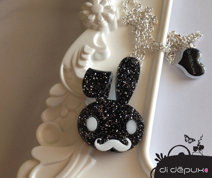Mr mustache bunny kawai black glitter laser cut acrylic folded