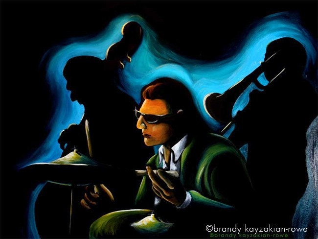 Jazz Music Trio art print, drummer, trombone and bass painting