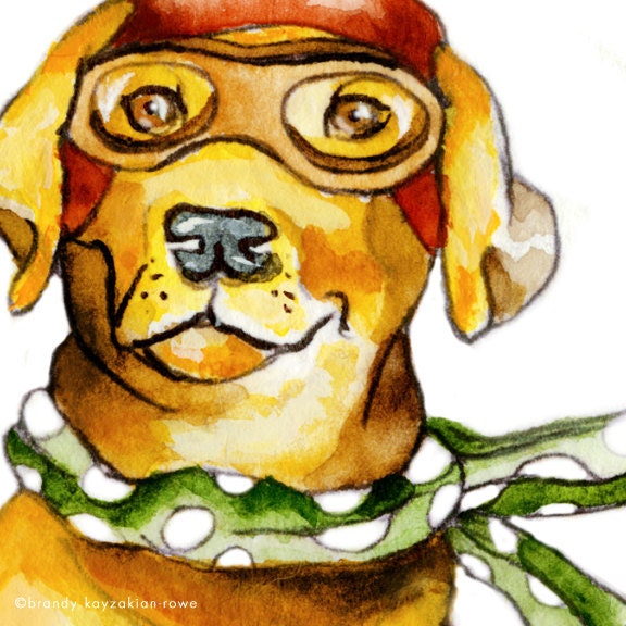 Labrador watercolor print - Dog art - Pilot Lab puppy painting print - flying Rolf