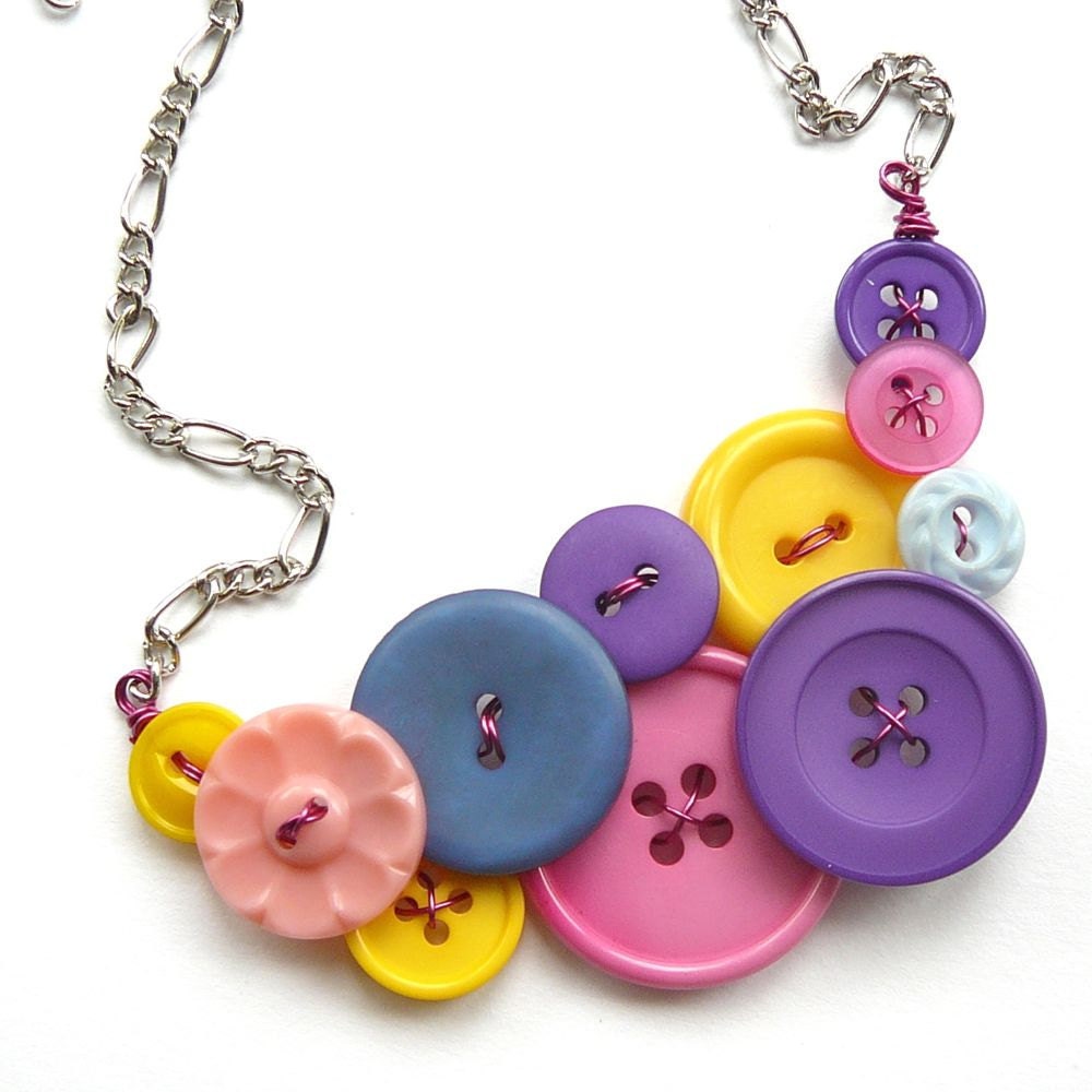 Bright Colorful Vintage Button Statement Necklace in pink, blue, yellow, purple