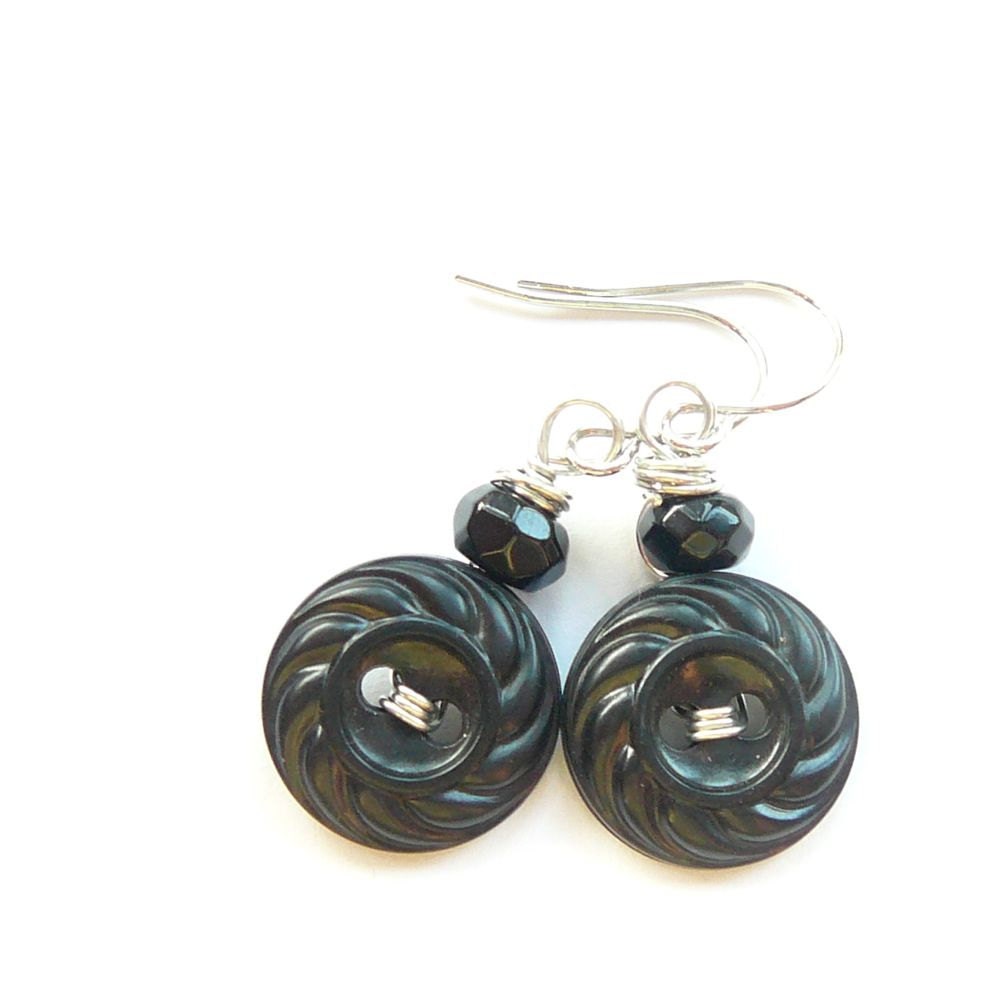 Cute Little Black Vintage Button Earrings with Beads