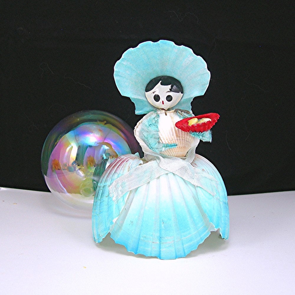 Vintage Seashell Doll Vanity Figure Doll Made in Japan 1950 Souvenir Doll Blue Ballgown Dress Hat Shell Girl Shell Lady