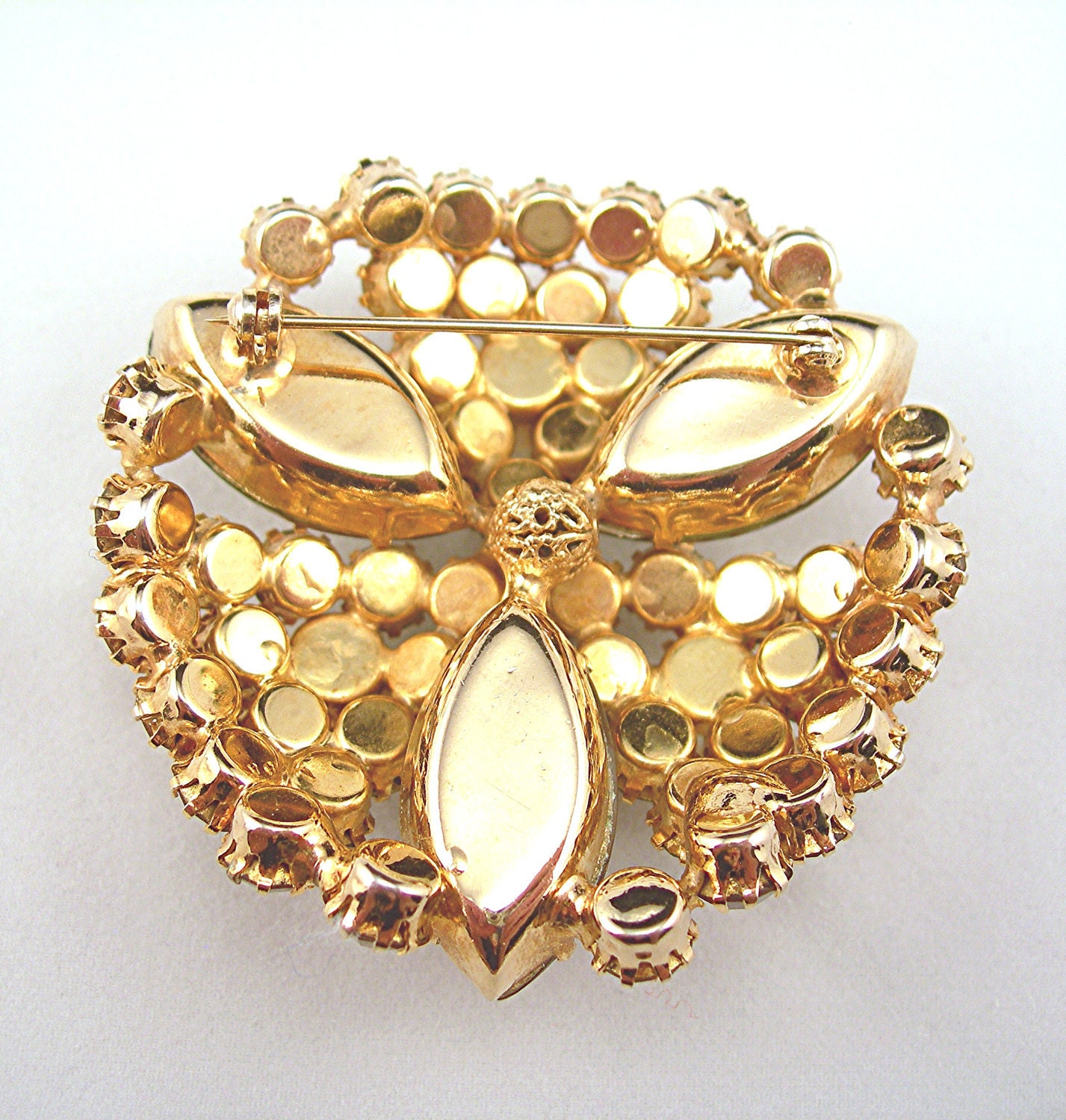 Rhinestone Brooch Olive Green & Gold Prong Set Stones White Faux Pearls Goldtone Metal Setting Vintage 1960s Costume Jewelry