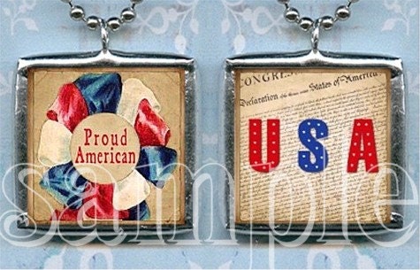PROUD AMERICAN altered art glass SoLDERED PeNDANT necklace USA 4th of July Americana patriotic