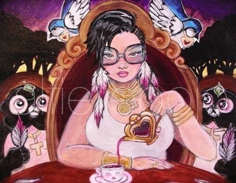 Vinyl Magnet ART PRINT - Art for your Fridge - Ms. PYT and the Tanukis have Tea Time