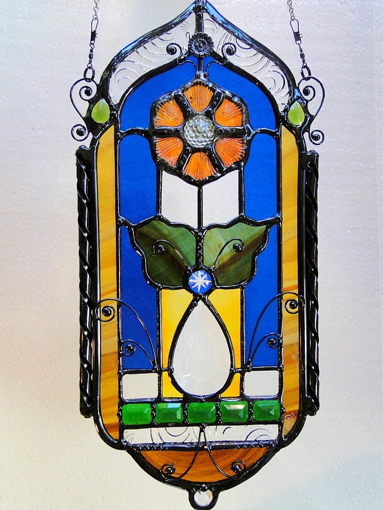 California Poppy Original Stained Glass Art Piece.