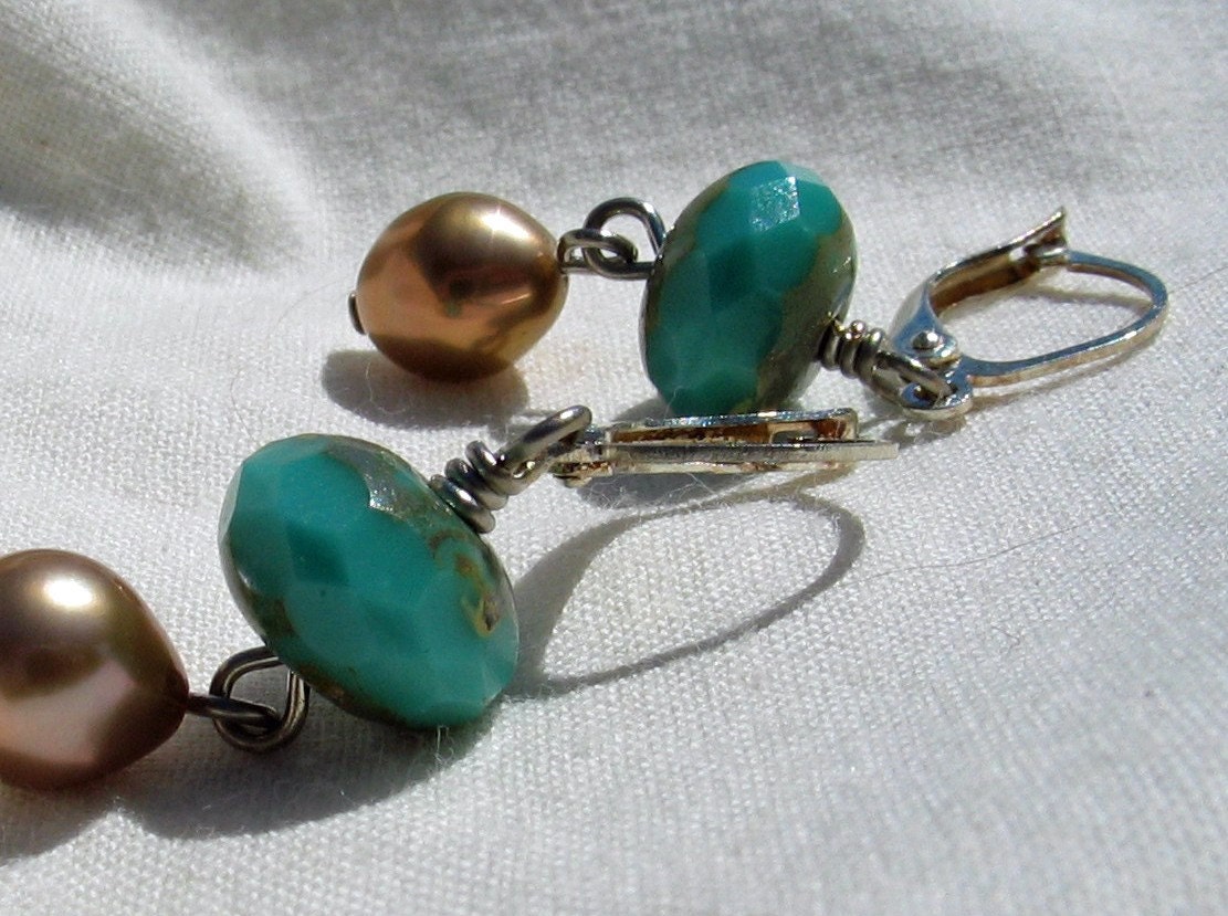 Turquoise and Gold Pearl Drop Beaded Earrings