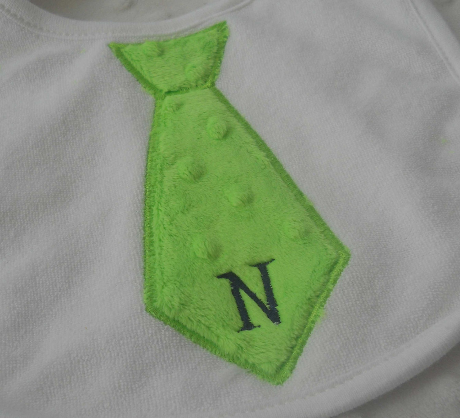 NeCK Tie Appliqued Bib for baby boy in LiMe GReeN minky personalized with initial