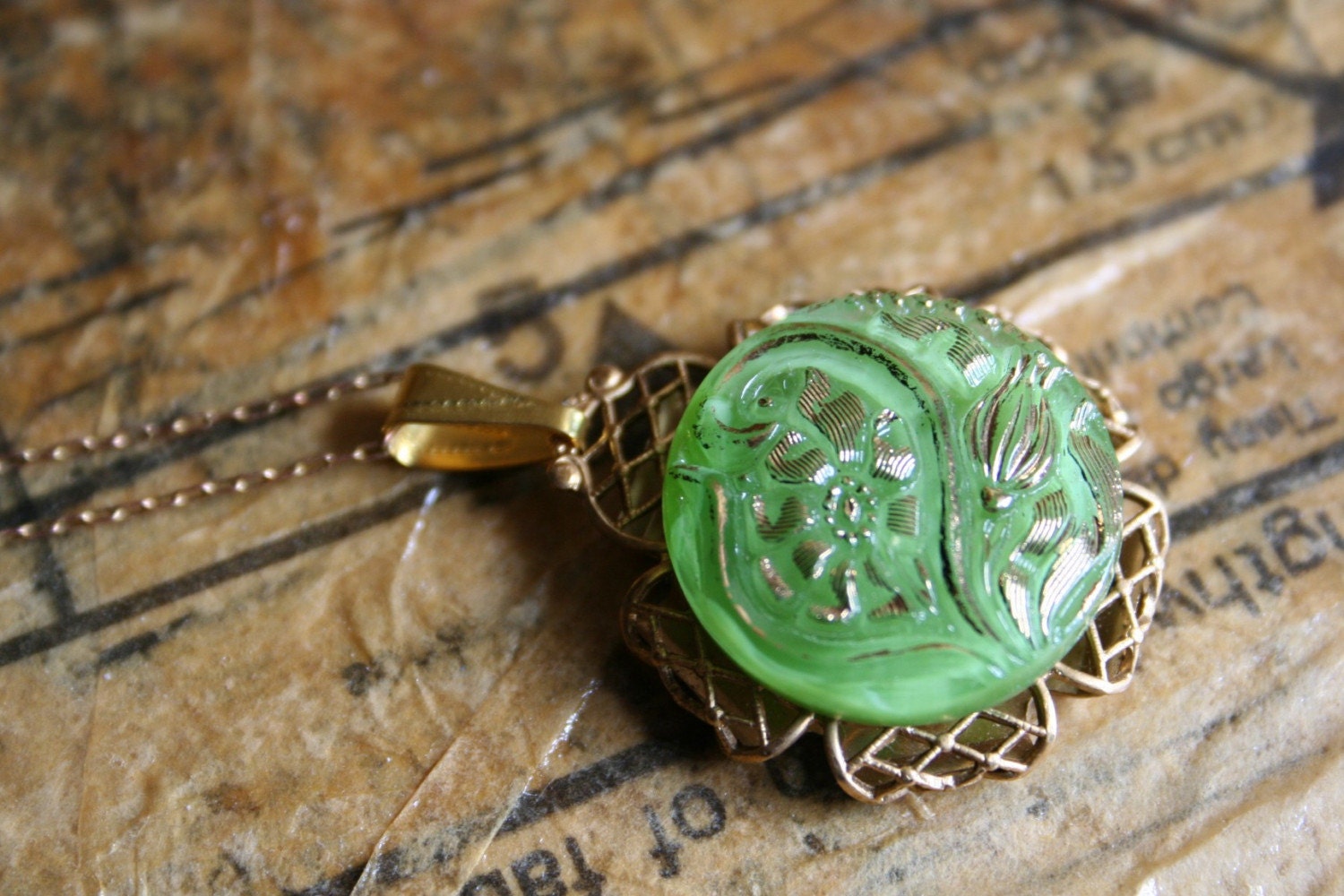 Vintage Style Green Czech Glass Button Pendant Necklace Filigree Brass