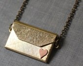 Envelope locket necklace I love you brass copper heart retro