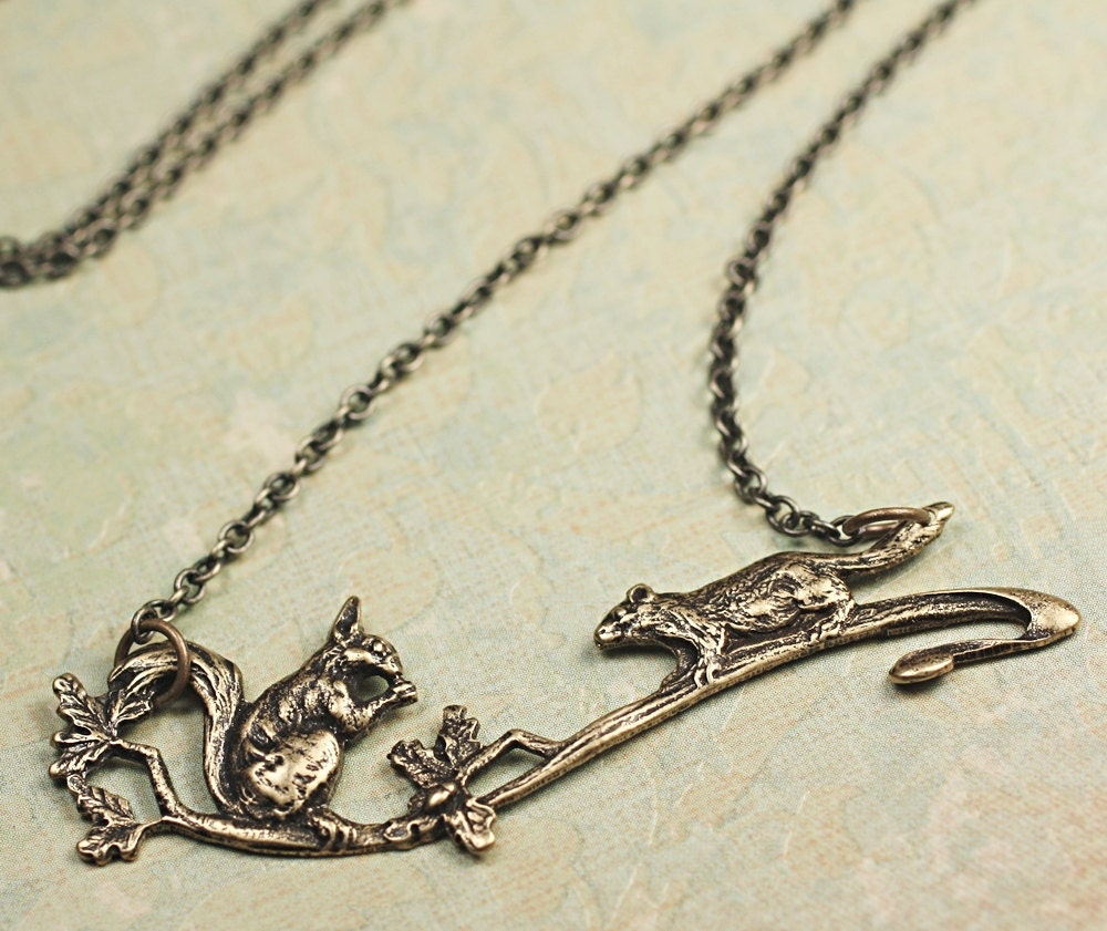 Woodland necklace brass squirrel tree branch autumn foraging