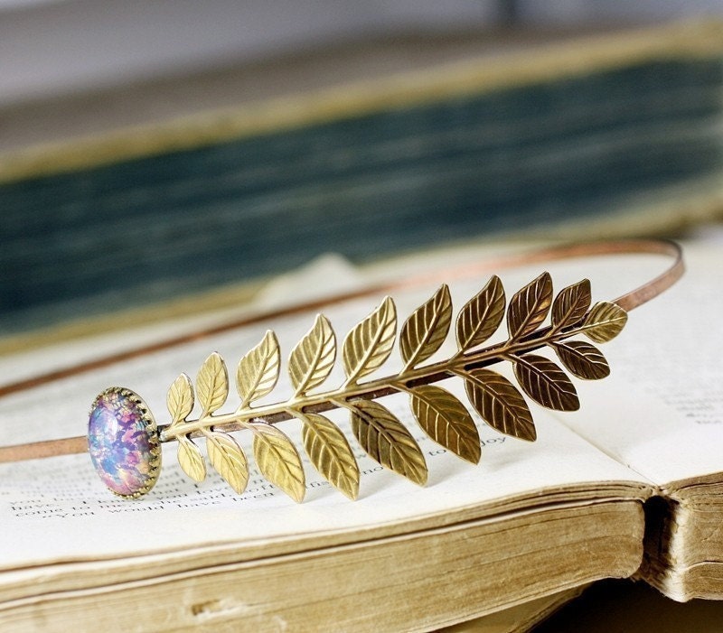 Leaf headband bridal Aphrodite opal jewel elegant Grecian goddess vintage style brass