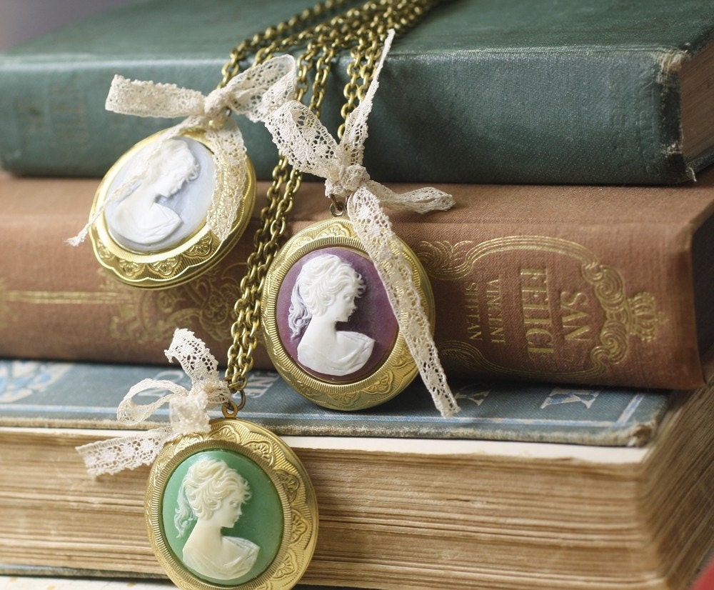 Pemberley locket cameo necklace lace bow vintage brass