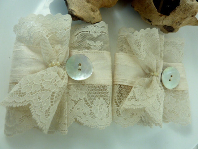Dupont  Cream Silk & Vintage Scalloped Lace Wedding Cuffs with MOP Button closure