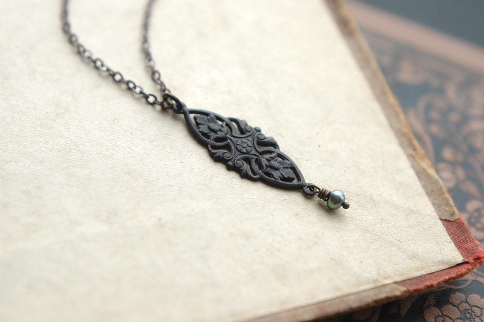 The dark forest of Mirkwood - floral filigree and mystic blue pearl necklace in blackened brass.