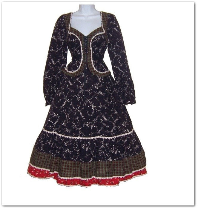 ON SALE Vintage 70s Gunne Sax Calico Flowers Plaid Prairie Hippie Dress S