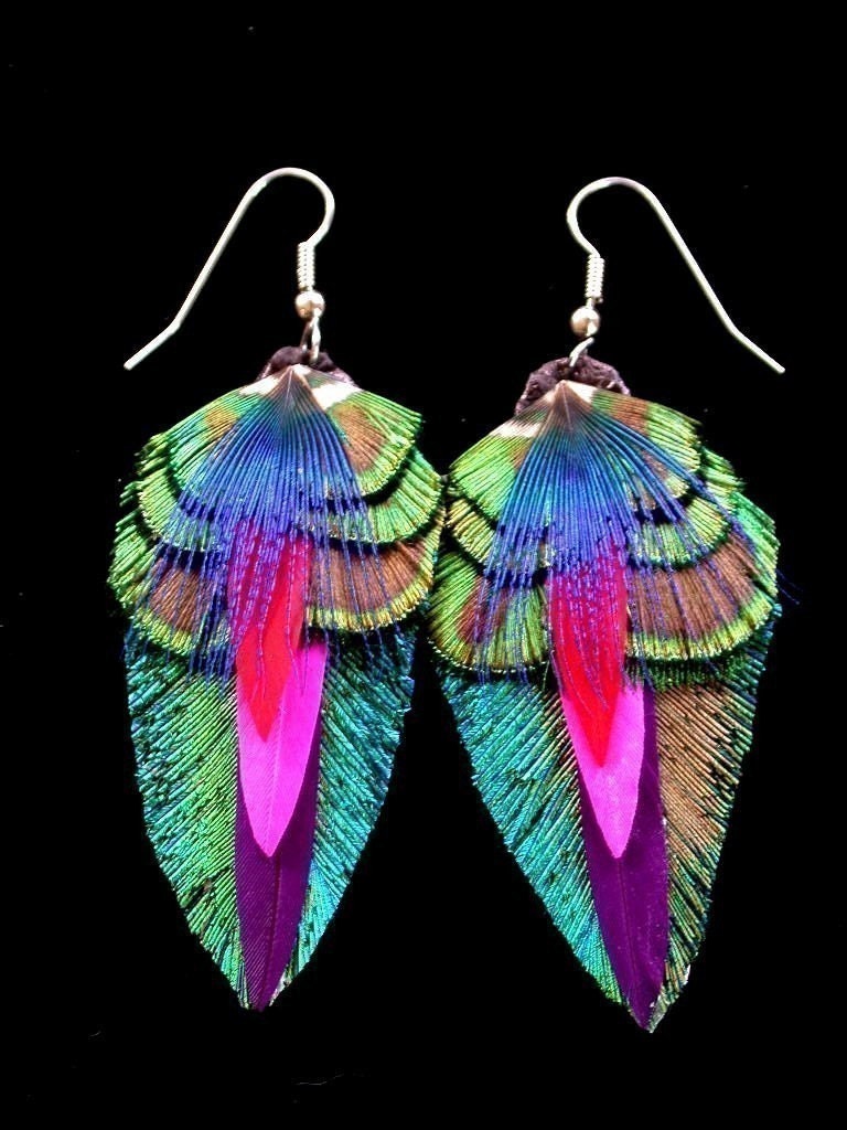 Peacock Feather Earrings-  Colorful feather earrings