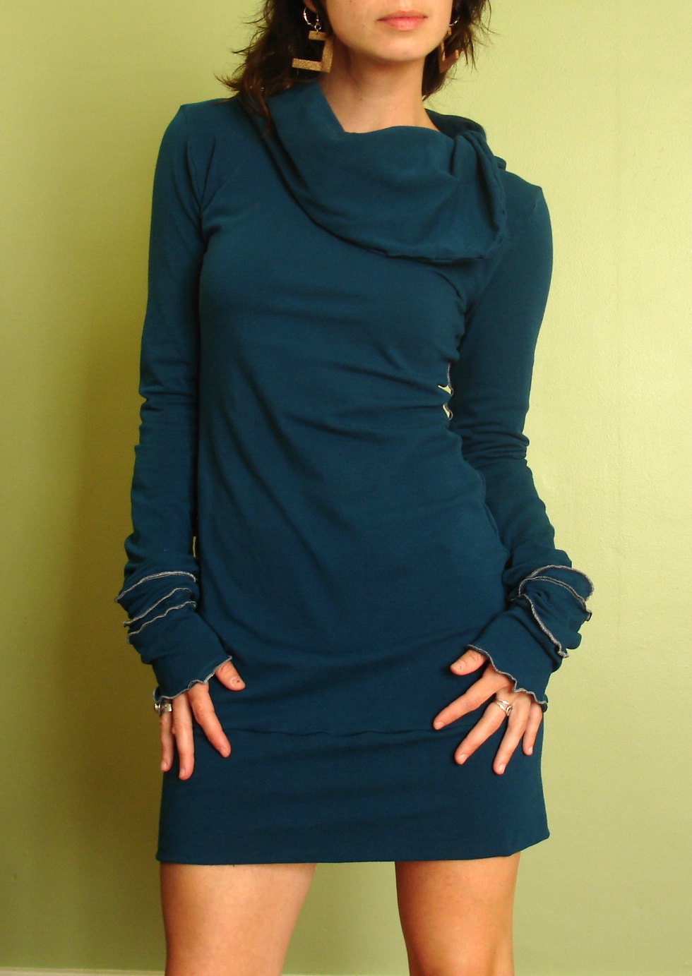 cowl tunic dress/extra long sleeves Teal blue