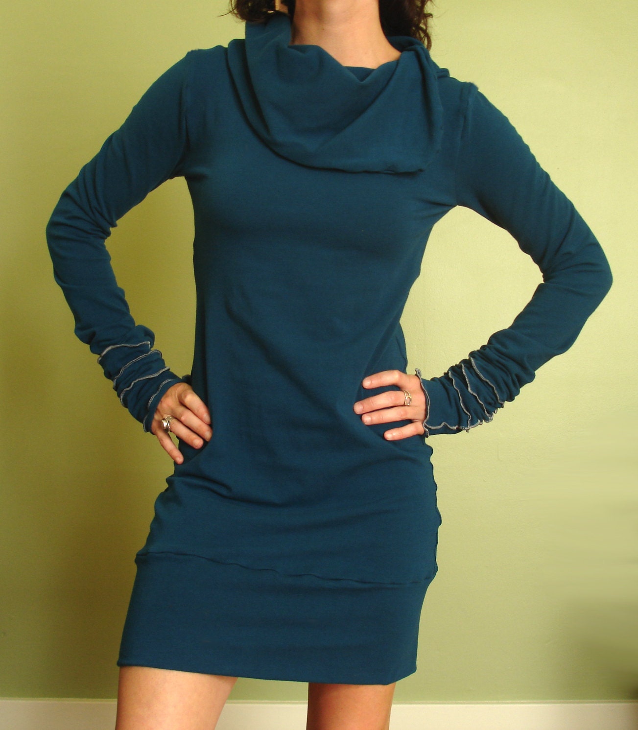 cowl tunic dress/extra long sleeves Teal blue