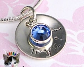 Mothers Necklace Personalized Hand Stamped Jewelry 5/8" Sterling Silver Disk Swarovski Birthstone Mom Grandmother