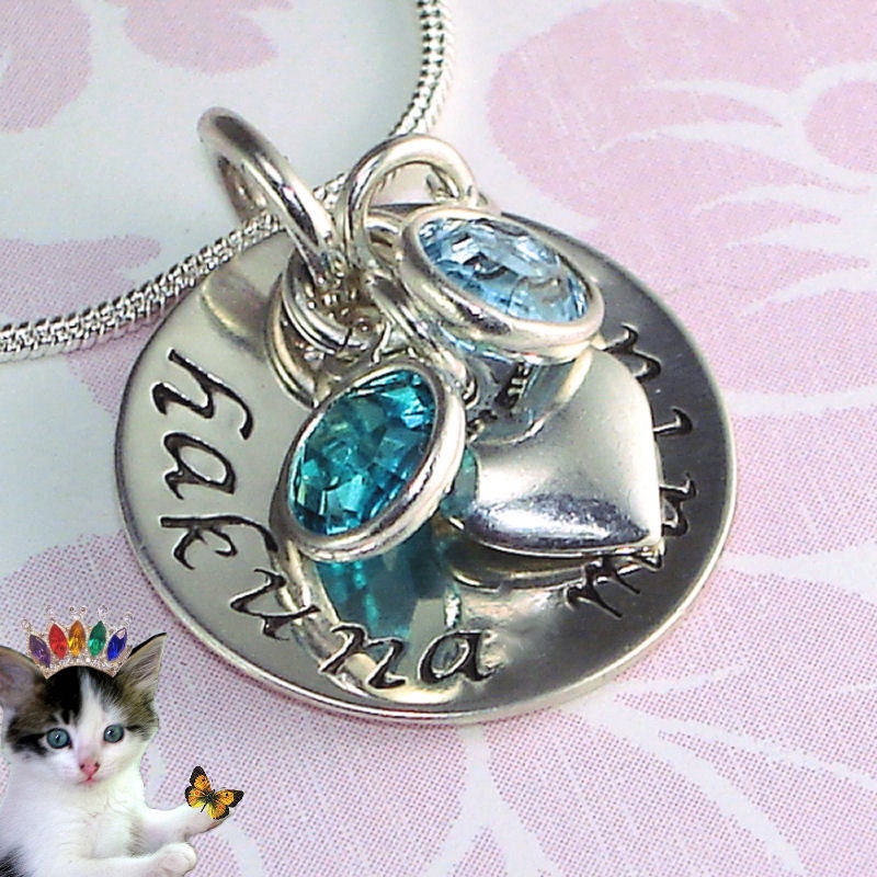 Hand Stamped Jewelry Hakuna Matata 3/4"  Personalized Sterling Silver Necklace with Swarovski Crystals and Puffy Heart