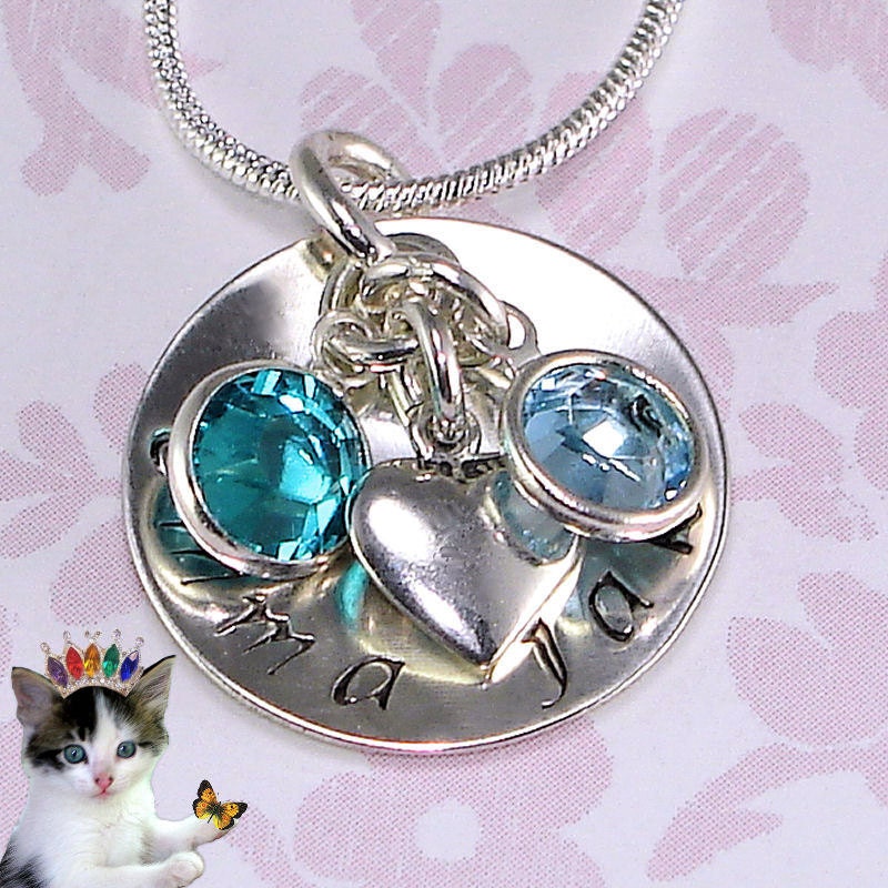 Hand Stamped Necklace Mothers Jewelry Personalized 3/4" Disk Sterling Silver Birthstone Puffy Heart Mommy Grandmother Bride Wedding