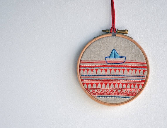 Sailboat 2 - mixed media embroidery art - hanging wall (4'' diameter)