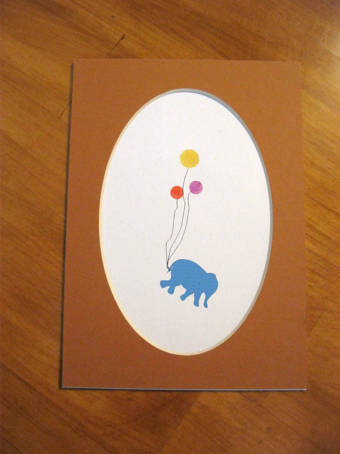 elephant and balloons 5x7 matted, mixed media