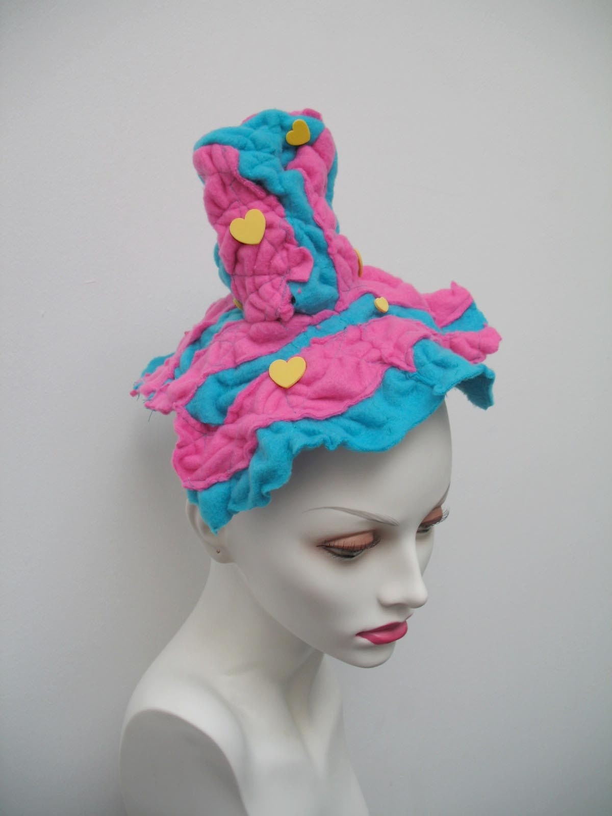 Pepto Bismal Pink and Turquoise Blue with egg yolk yellow hearts striped mini fleece Top Hat