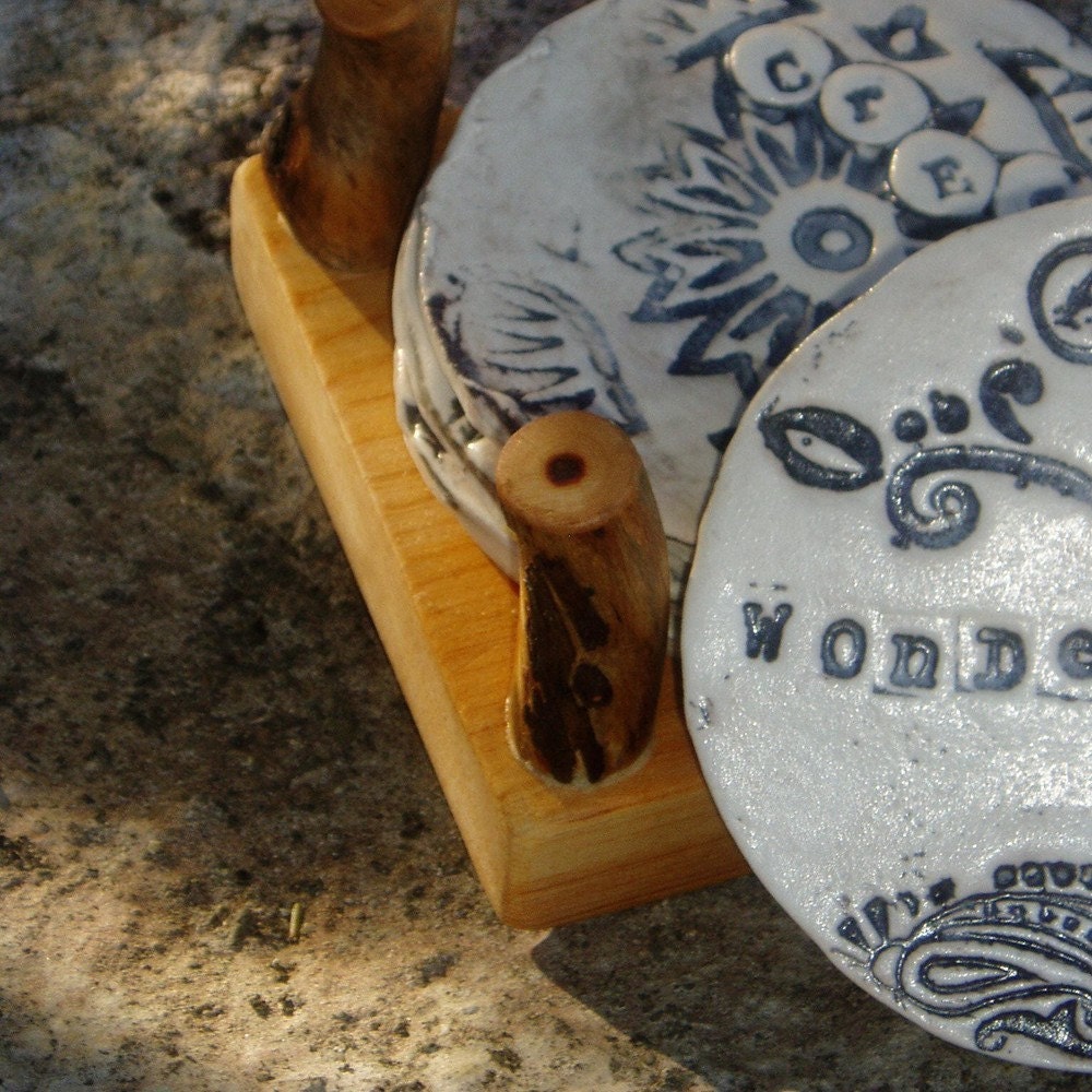 Porcelain Art Coasters w/ madrone holder -custom made to order