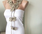 Flower Scarf AUTUMN SALE Handmade Crochet Beige Flower Lariat, Scarf, Necklace