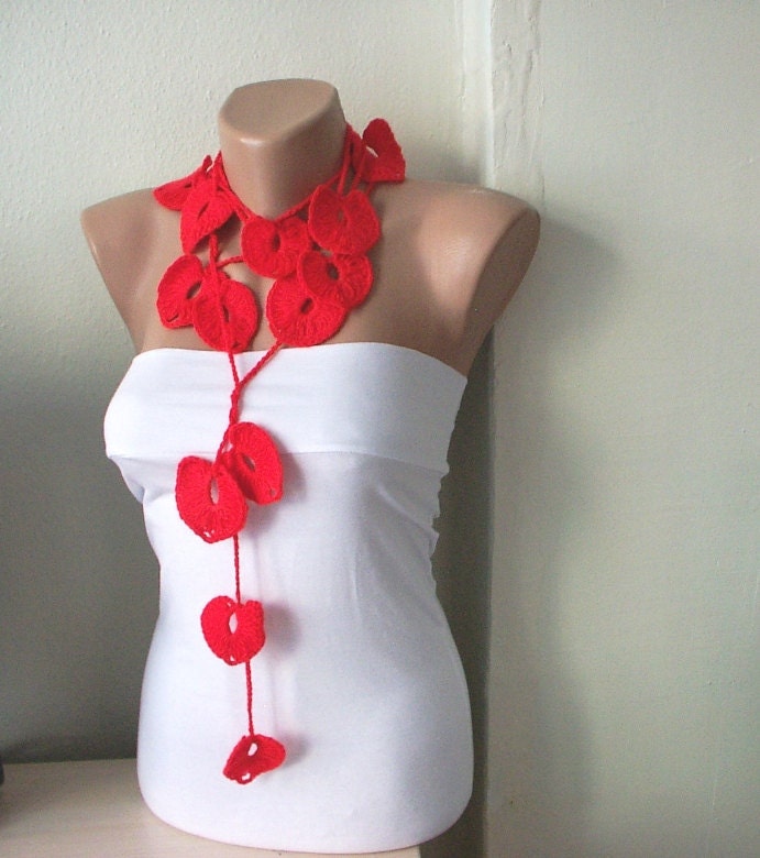 Flower Scarf, Handmade Crochet, VALENTINE'S Red Heart Lariat, Scarf, Necklace, Valentine's Gift