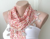 PINK color yellow, red flowers desing  with ivory flower lace scarf