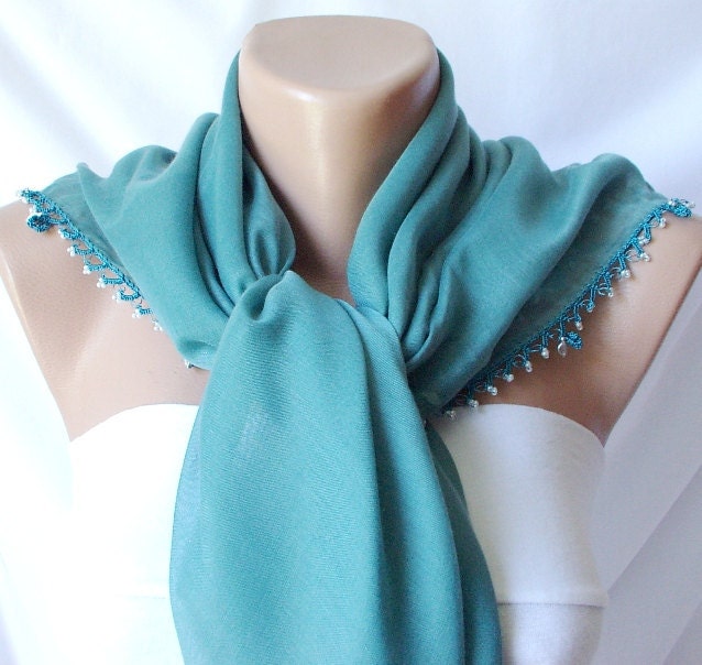 Teal Green Cotton with Handmade Turkish OYA Spring Scarf