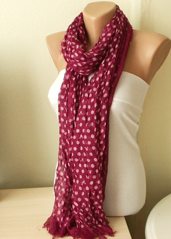 Dotted Mouse Cotton Scarf, Wine Red, Spring Scarf